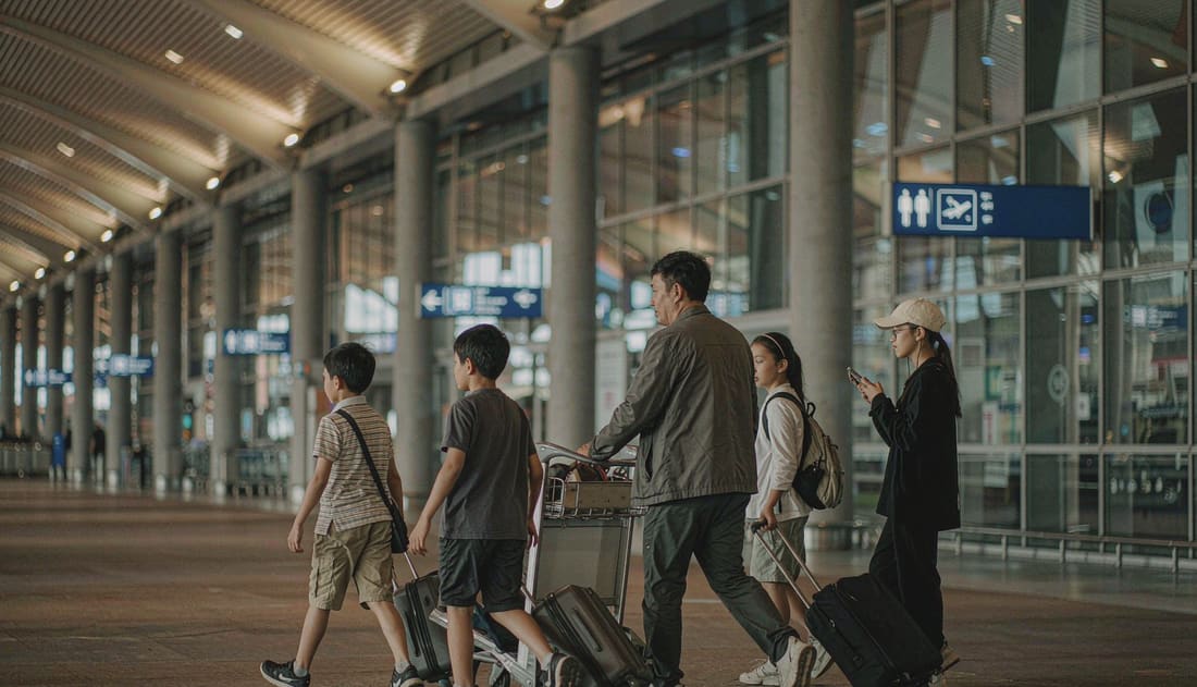 Familia latinoamericana con equipaje caminando por la sala de llegadas de un aeropuerto chino